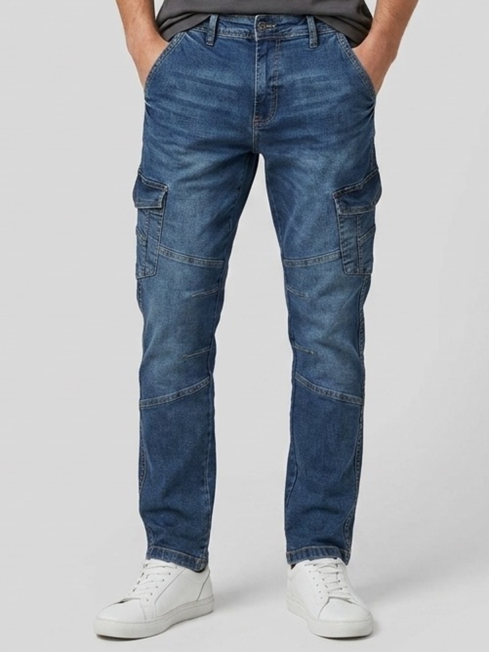 Artful Rebel Men's Slim Straight Cargo Jeans in Dark Blue Denim